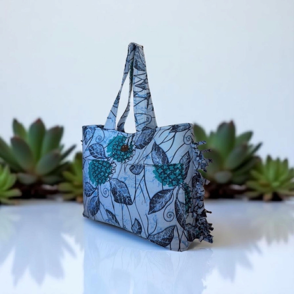 Elegant Floral Tote Bag - Teal and Black